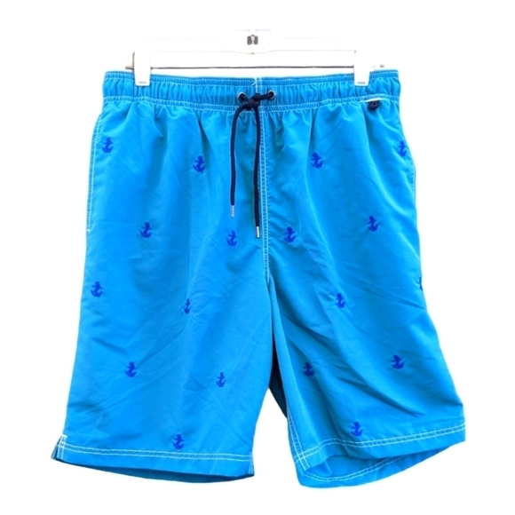 Lands End men's mesh lined teal swim trunks with embroidered anchors, Med 32-34" - Picture 1 of 4